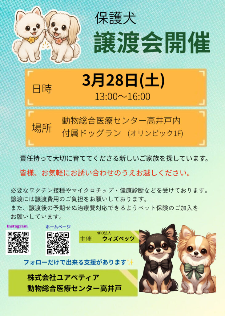 3月28日(土)高井戸譲渡会開催いたします